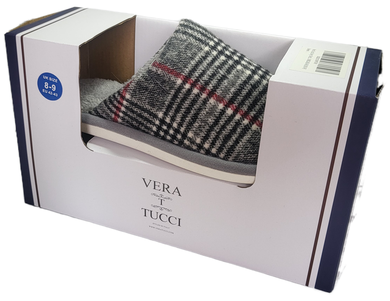 VERA TUCCI MENS BOXED SLIPPER GREY CHECK