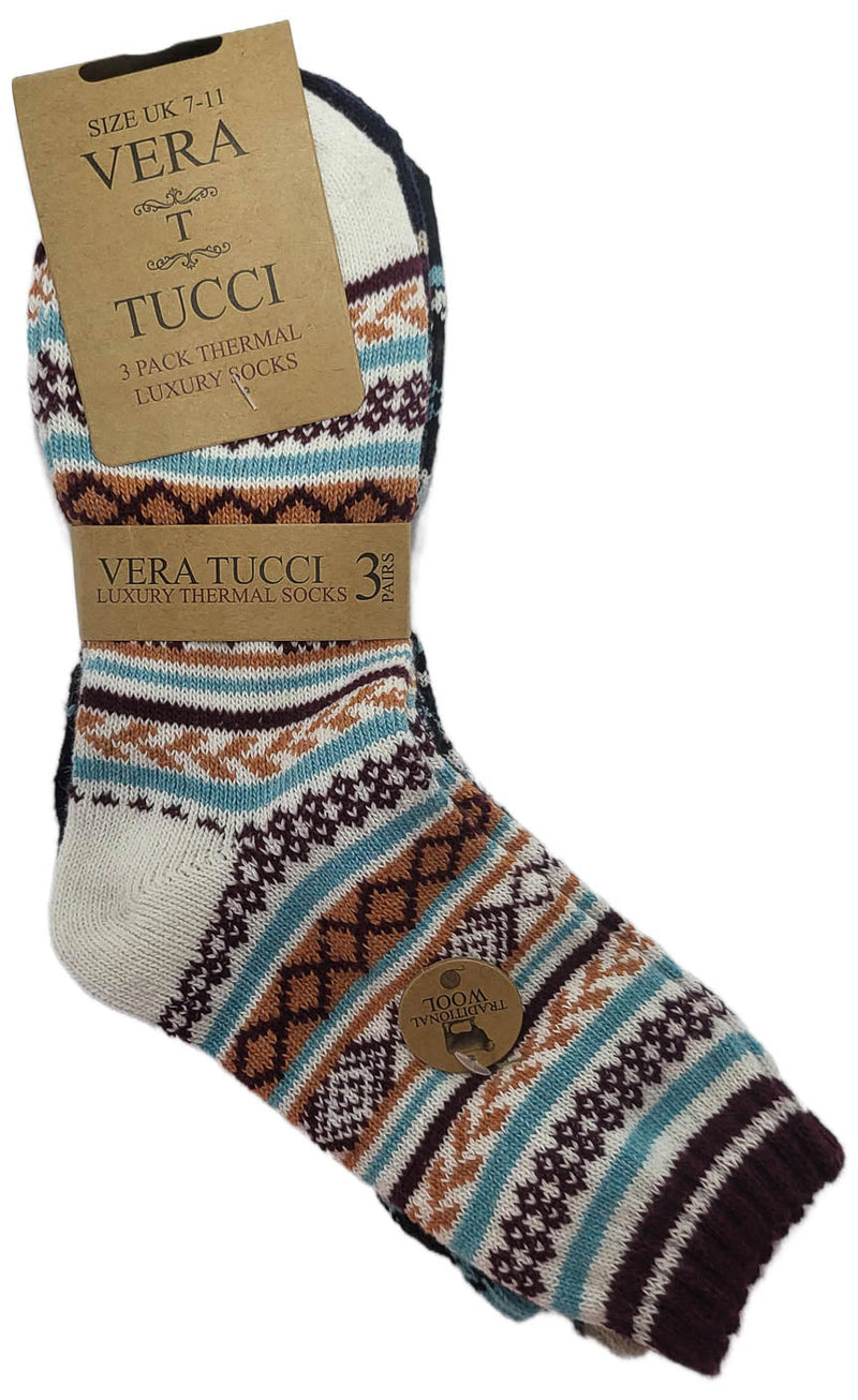 VERA TUCCI LUXURY MEN'S NORDIC PATTERN 3 PACK BLUE, TAUPE, BURGUNDY WINTER SOCK RMD2403-33 MULTI 3 PACK