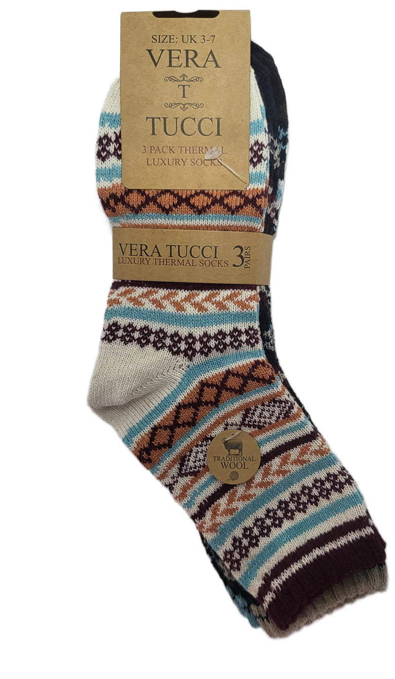 VERA TUCCI LUXURY WOMEN'S NORDIC PATTERN 3 PACK3 PACK BLUE, TAUPE, BURGUNDY WINTER SOCK RMD2403-33 MULTI 3 PACK