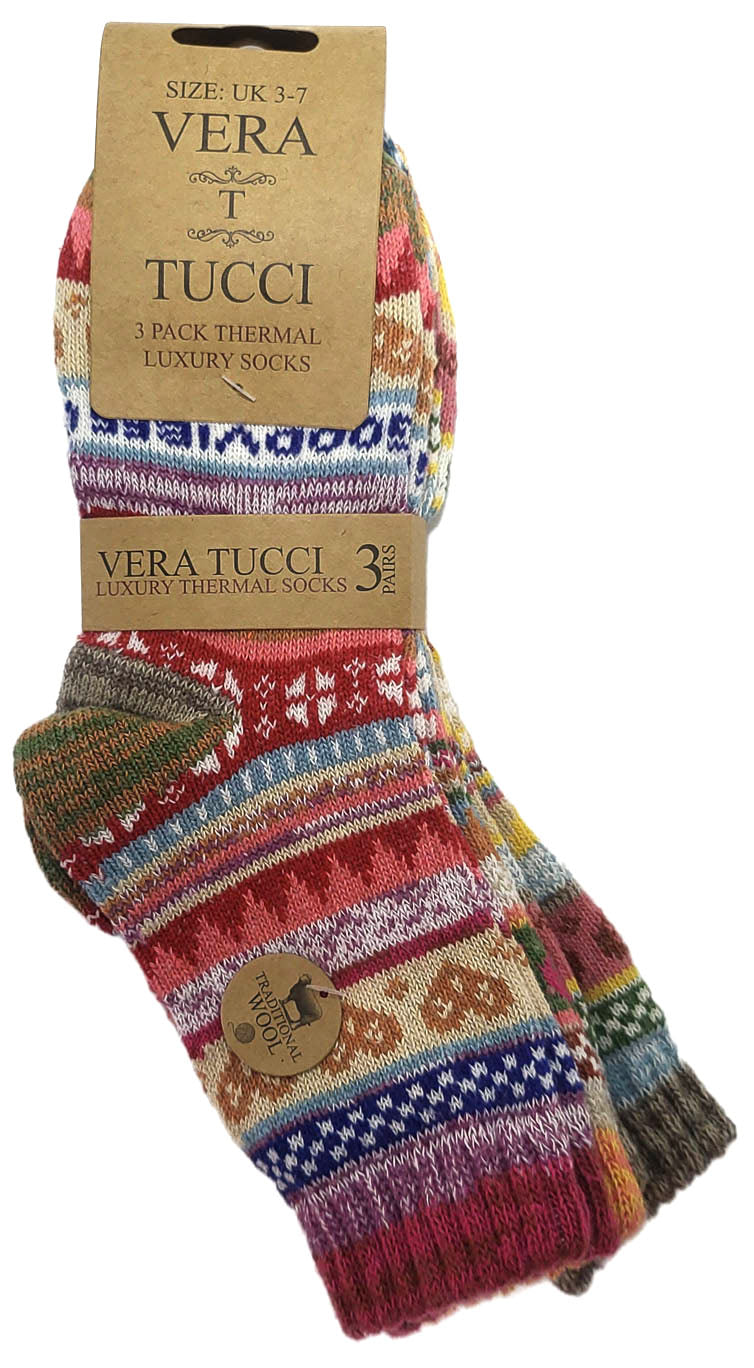 VERA TUCCI LUXURY MEN'S NORDIC PATTERN 3 PACK RED, ORANGE, PINK WINTER SOCK RMD2403-33 MULTI 3 PACK