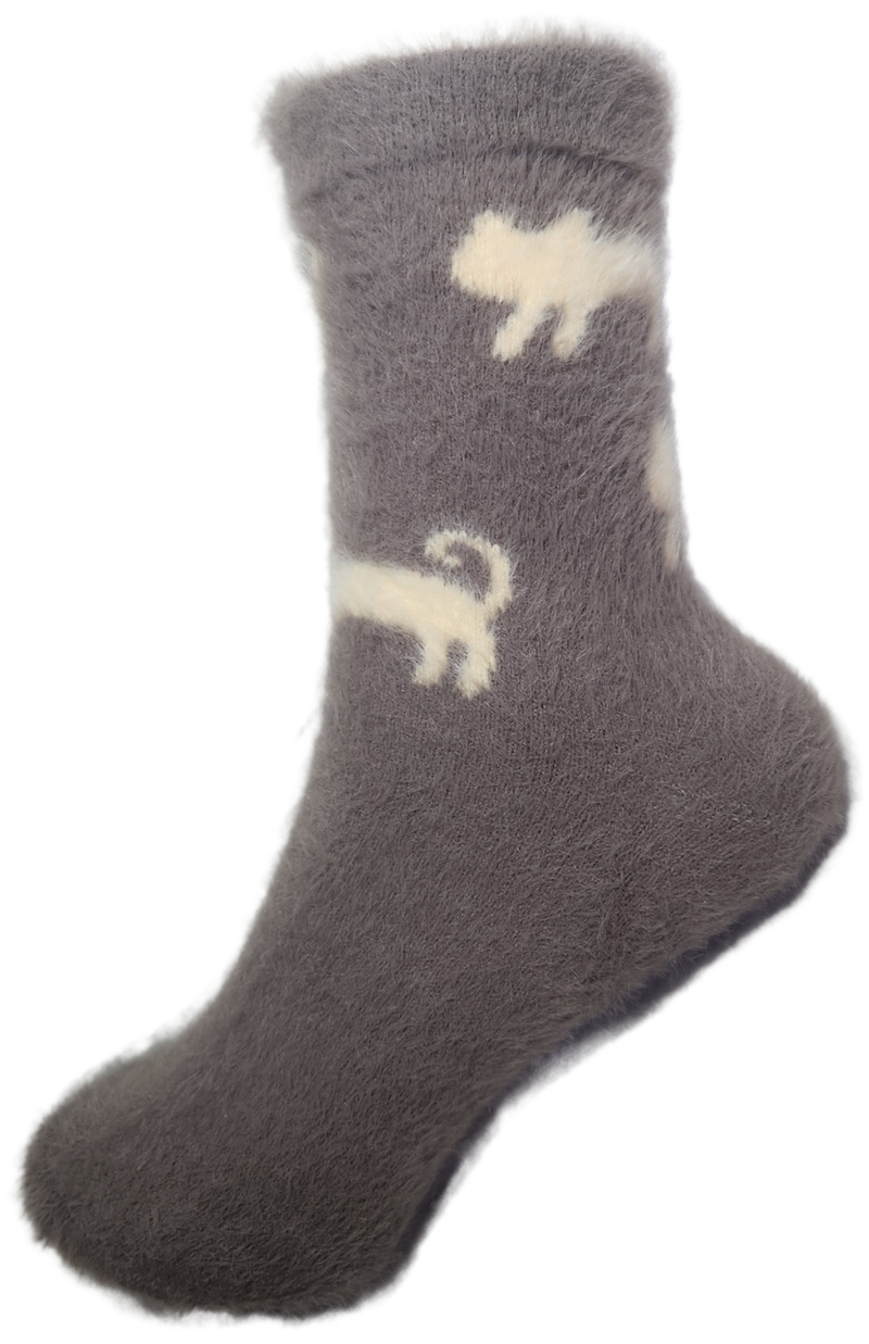 VERA TUCCI LUXURY WOMENS COSY FLUFFY SOCKS RMD2403-07-05 GREY & BEIGE CAT