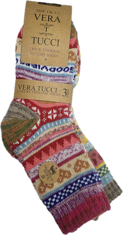 VERA TUCCI LUXURY WOMEN'S NORDIC PATTERN 3 PACK RED ORANGE PINK WINTER SOCK RMD2403-33 MULTI 3 PACK