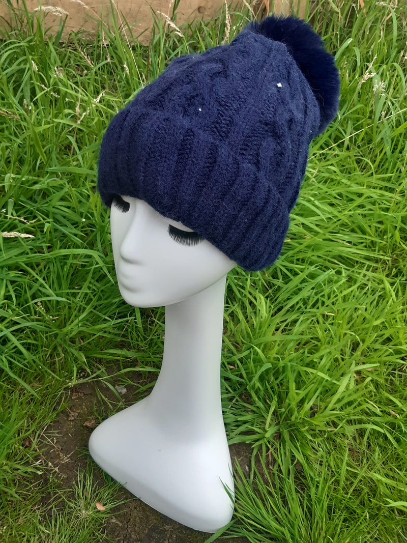 Hat RACHELE - AW21 NEW CABLE KNIT FLEECE LINED POM POM HAT RMD202106-30 - Vera Tucci OriginalsAccessories NAVY
