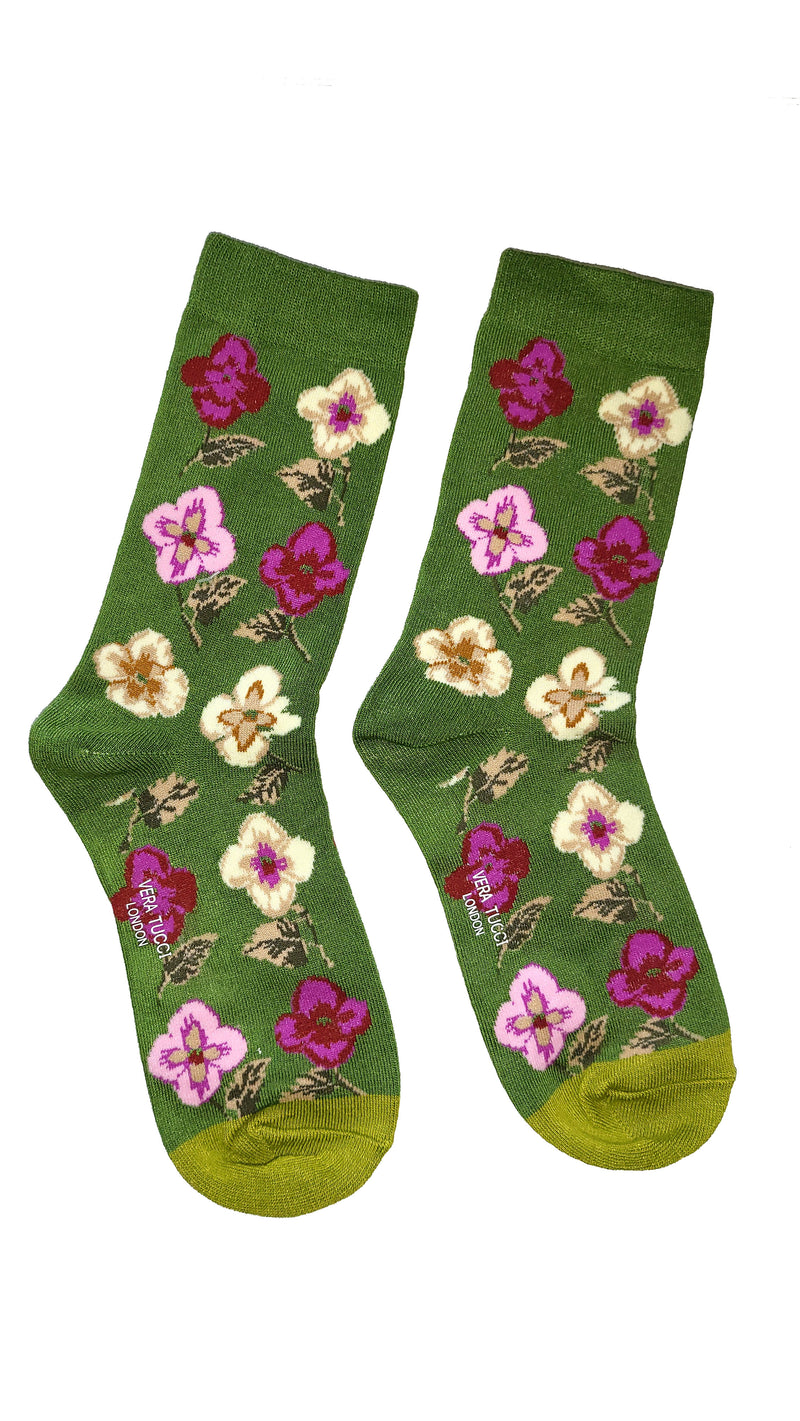 Luxury Women's Bamboo Sock W2 GREEN FLOWERS