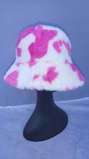 Cow Print Patterned Fluffy Fleece Lined Bucket Hat For Winter (ADULT & CHILD SIZES)