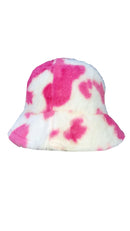 Cow Print Patterned Fluffy Fleece Lined Bucket Hat For Winter (ADULT & CHILD SIZES)