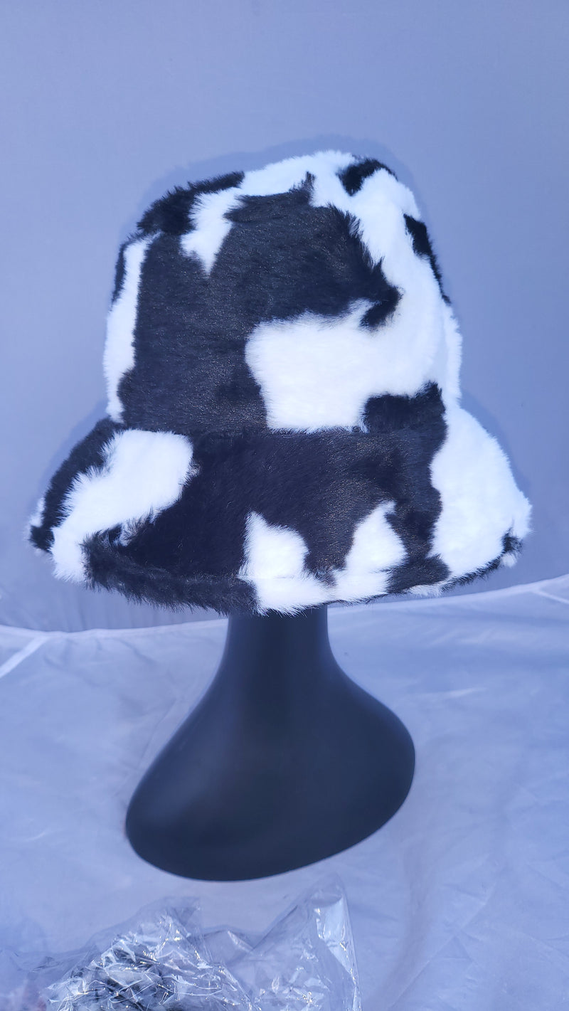 Cow Print Patterned Fluffy Fleece Lined Bucket Hat For Winter (ADULT & CHILD SIZES)