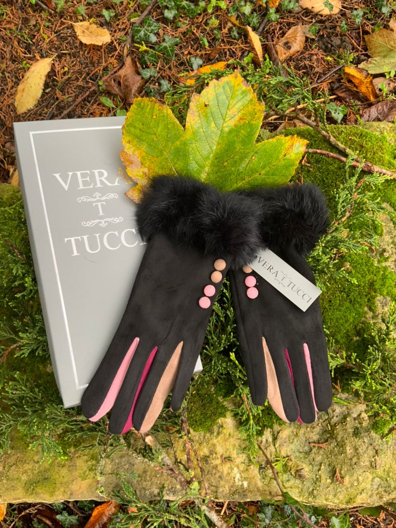 Gloves Felicity Faux Suede Fur Trim Gloves - G08 - Vera Tucci OriginalsAccessories S/m / Black