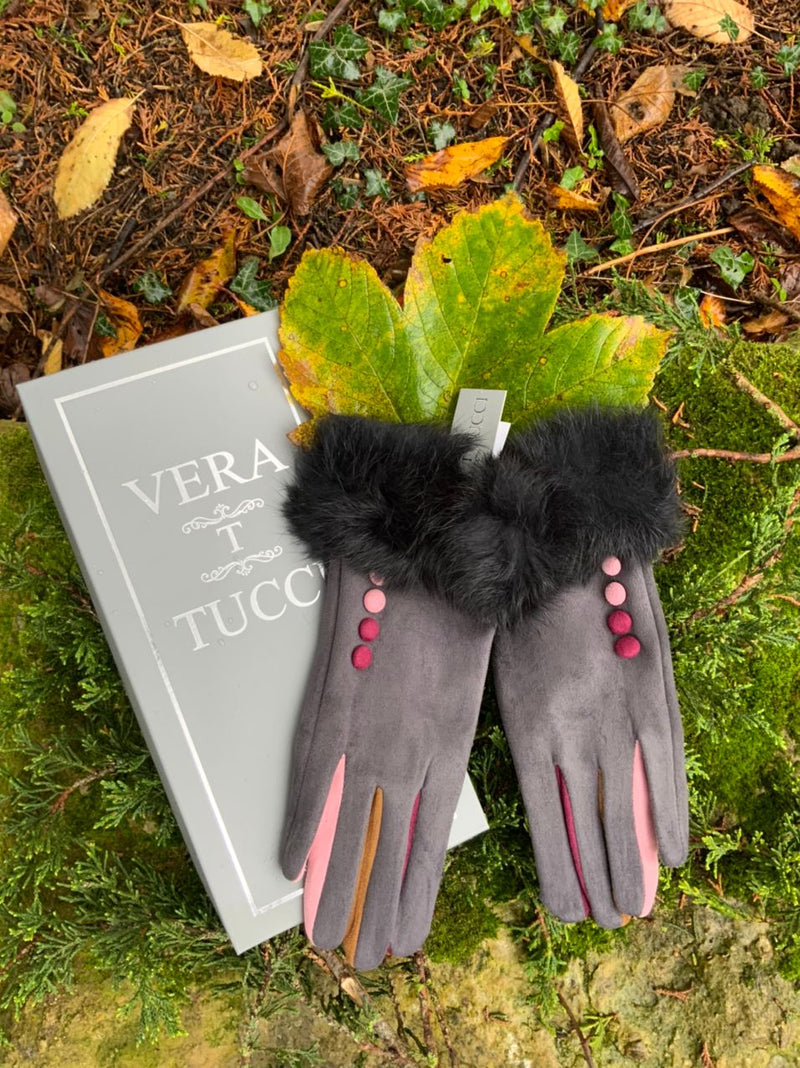 Gloves Felicity Faux Suede Fur Trim Gloves - G08 - Vera Tucci OriginalsAccessories S/m / Dark Grey