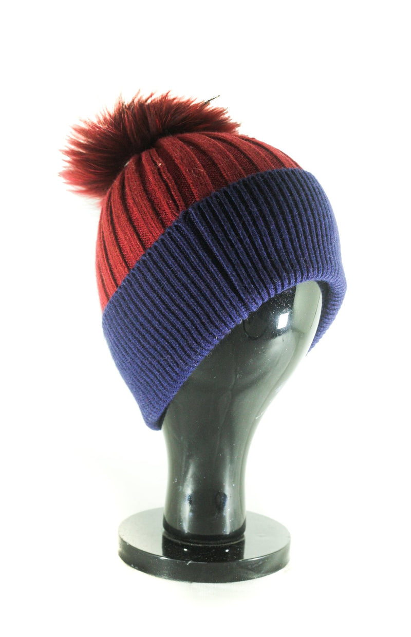 Hat Leah Two Tone Ribbed Hat with Fur PomPom - HT10 - Vera Tucci OriginalsAccessories Burgundy/Navy