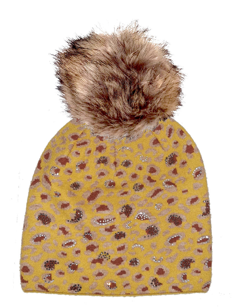 Hat SIRI (Hat) - Sparkly Leopard Pom Pom Hat (has matching glove) (Faux fur pom) - Vera Tucci OriginalsAccessories