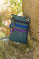 Leather Bag FIFI- MULTI ZIP SMALL POUCH BAG - Vera Tucci OriginalsBags TEAL WITH NAVY/ROYAL/PURPLE