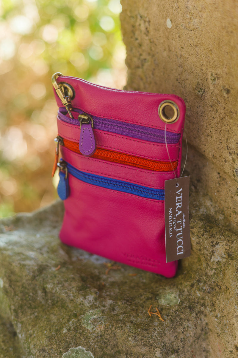 Leather Bag FIFI- MULTI ZIP SMALL POUCH BAG - Vera Tucci OriginalsBags FUCHSIA WITH PURPLE/RED/ROYAL