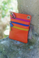 Leather Bag FIFI- MULTI ZIP SMALL POUCH BAG - Vera Tucci OriginalsBags ORANGE WITH FUCHSIA/ROYAL/YELLOW