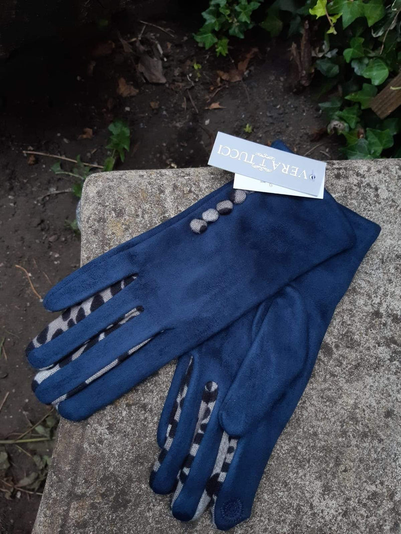 Gloves LEONIE G27 Leopard Finger and Buttons Suede Feel Women's glove - Vera Tucci OriginalsAccessories NAVY